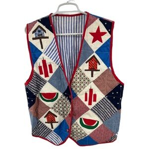 Handmade quilted Americana vest red white blue July 4th watermelon grandma L